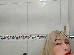 person in bathroom touching nicely and relaxing privately