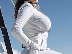 Brunette in leather catsuit jerks off outdoors at ski resort