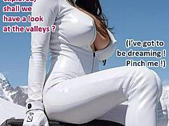 Brunette in leather catsuit jerks off outdoors at ski resort