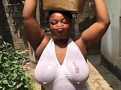 European BBW with huge natural tits in outdoor setting