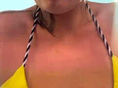 Brown-Eyed Beauty with Wet Pussy Trains in Thong Bikini at Gym Facing Beach, Desire Dripping