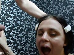 This bitch really likes sucking cock and takes it deep into her throat, deepthroat face fucking with cumshot