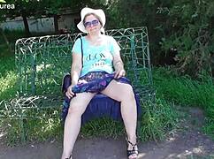 Hairy Mature Flashes in See-Through Dress Outdoors.