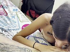 Stepsister Delivers Intense Blowjob In Solo Home Session With Tattooed Ebony Goddess