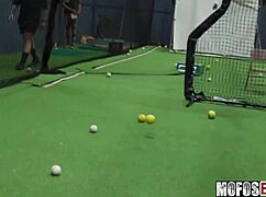 busty brunette slut rides and sucks dick after batting cages