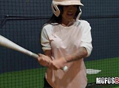 busty brunette slut rides and sucks dick after batting cages