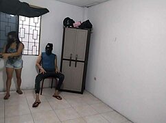 hot wife bids husband goodbye, then gropes her big natural tits alone.