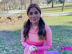 Fat fan fucks Peruvian babe in park, creampies her pussy