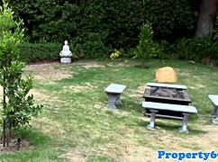 Asian realtor licks client cock outdoors