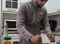 Watch me cook, strip, jerk off, and cum on food!