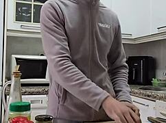 Watch me cook, strip, jerk off, and cum on food!