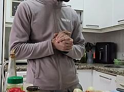 Watch me cook, strip, jerk off, and cum on food!