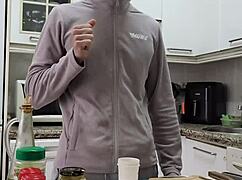 Watch me cook, strip, jerk off, and cum on food!