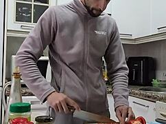 Watch me cook, strip, jerk off, and cum on food!