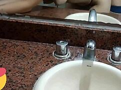 Quick fuck in the university bathroom with a latina couple's creampie orgasm