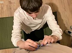 skinny brunette kneels for homemade blowjob and facial