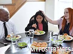 Foster learns manners with blowjobs and threesomes in the snow.