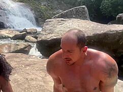 ebony teen's flashing her tight pussy at the waterfall in public, so hot! 🔥