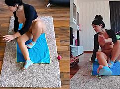 Watch the hottest milf spread her big ass in naked yoga workout on dual cam.