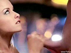 beautiful girl gives passionate blowjob with sensual handjob