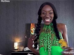 oiled ebony babe in casting interview gets ass fucked eats cum