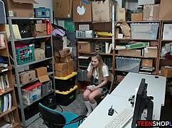 dumb blonde shoplifter caught and fucked by security in bent over doggystyle