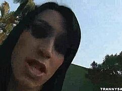 busty latina tranny babe jerks off solo by the poolside