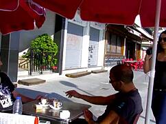 A beautiful young 18+ brunette with shapely tits and ass performs deepthroat and facial on the street.