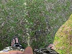 Old amateur delivers intense golden shower on cock