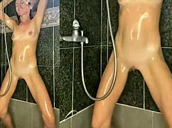 hot hellcat takes off her clothes and washes her wet hot milf body