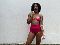 My ebony wife flashing her ass outdoors, guiding me to cum inside.