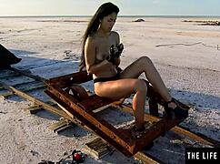 Hispanic Teen Girl Masturbates Wildly with Ring Gag in Desert