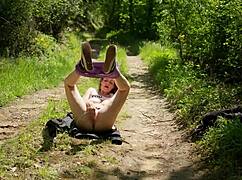Touching myself outdoors in front of passersby, jogger fucks me for huge facial.