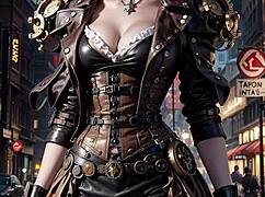 In a steampunk outfit, she flashes her pussy outdoors for everyone to see.