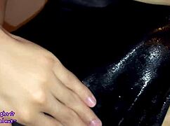 Feeling the slippery lotion on my navy blue competitive swimsuit