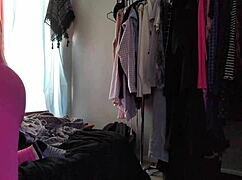 trying on this stretchy pink bodysuit, my fat ass is stretching the leggings