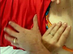 french amateur in satin red dress deepthroats and rides in cowgirl, doggystyle with dirty talk