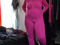 trying on this stretchy pink bodysuit, my fat ass is stretching the leggings