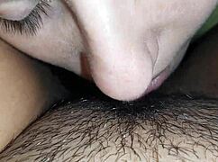 Intense close-up of lesbian couple eating hairy pussy, kissing passionately in homemade POV video