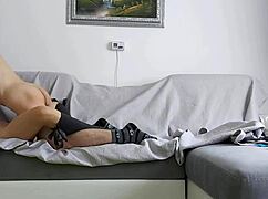 Passionate riding brings intense orgasm on the couch.