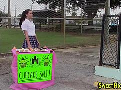 petite teen 18+ gets facial after sucking in uniform.