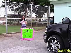 petite teen 18+ gets facial after sucking in uniform.