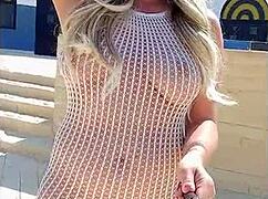 Blonde Amateur Flashes Big Tits in See-Through Dress in Public