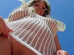 Blonde Amateur Flashes Big Tits in See-Through Dress in Public