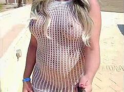 Blonde Amateur Flashes Big Tits in See-Through Dress in Public