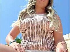 Blonde Amateur Flashes Big Tits in See-Through Dress in Public