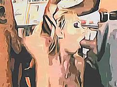 blonde girl with big tits giving blowjob in group threesome action.