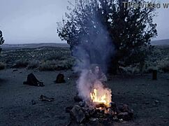Fantasy baremaidens masturbate at the campfire, showing small tits