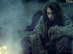 Fantasy baremaidens masturbate at the campfire, showing small tits