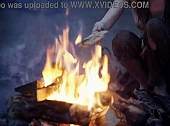 Fantasy baremaidens masturbate at the campfire, showing small tits